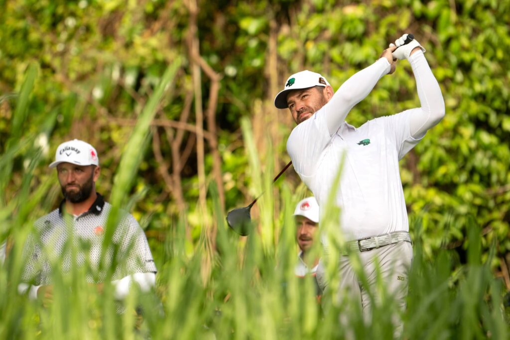 Captain Louis Oosthuizen of Southern Guards GC hits his shot from the second tee during the second round of Aramco LIV Golf Singapore