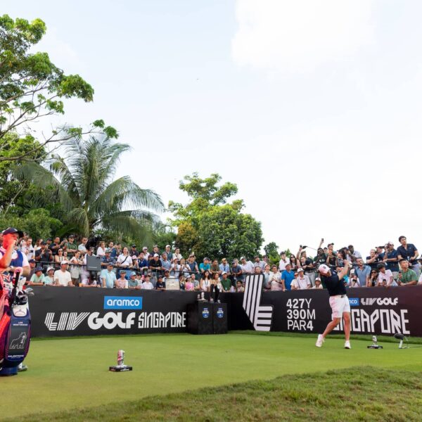 Co-Captain Lee Westwood of Majesticks Golf Club hits his shot from the first tee during the third round of Aramco LIV Golf Singapore