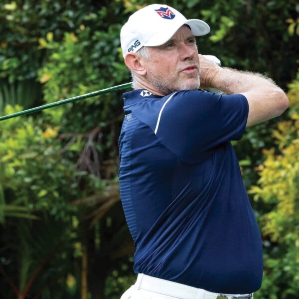 Co-Captain Lee Westwood of Majesticks Golf Club hits his shot from the 10th tee during the first round