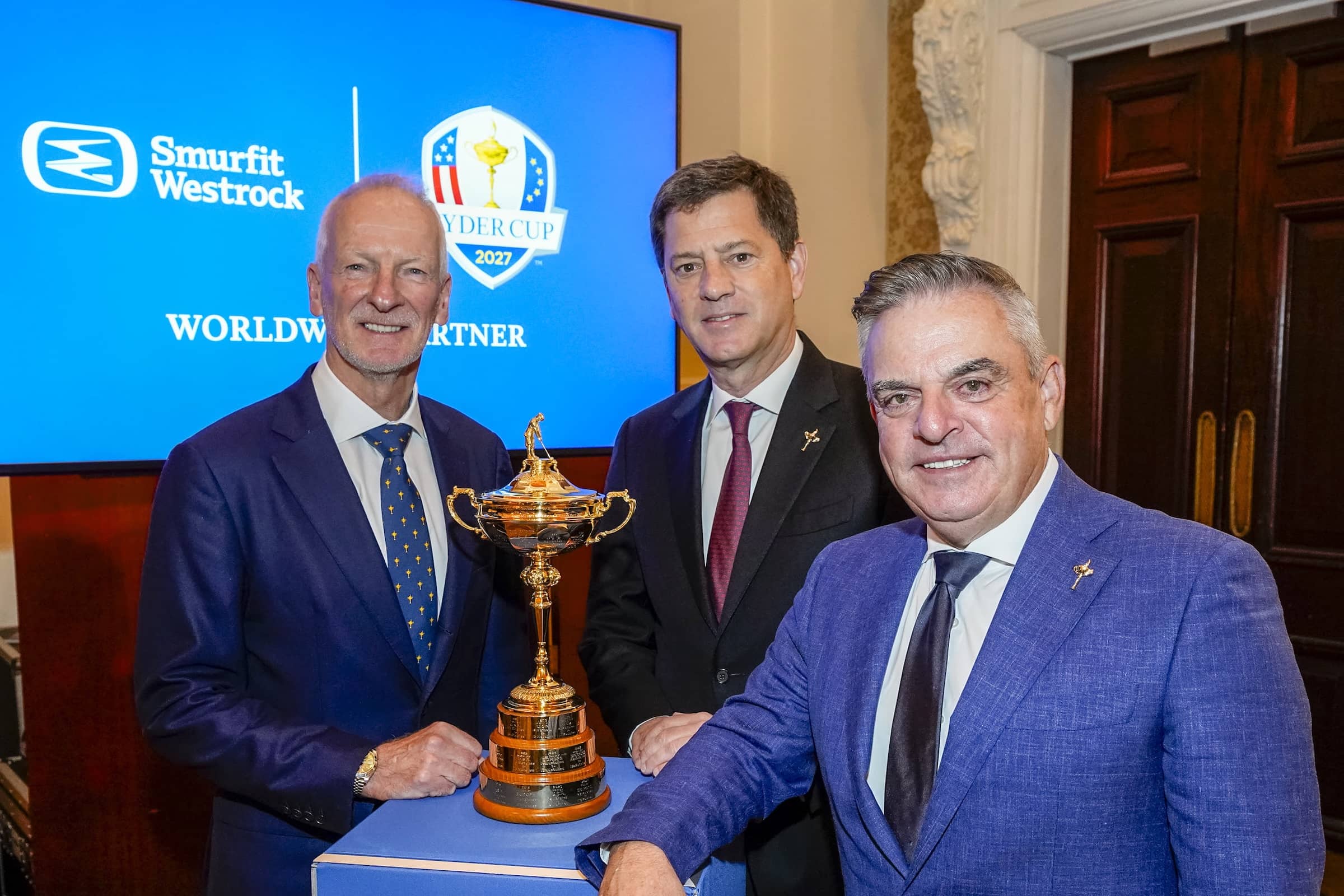 David Brookes (Senior Commercial Director, European Tour group), Tony Smurfit (President & Group CEO, Smurfit Westrock) and Paul McGinley (Broadcaster, 2014 European Ryder Cup Captain and Smurfit Westrock Ambassador)