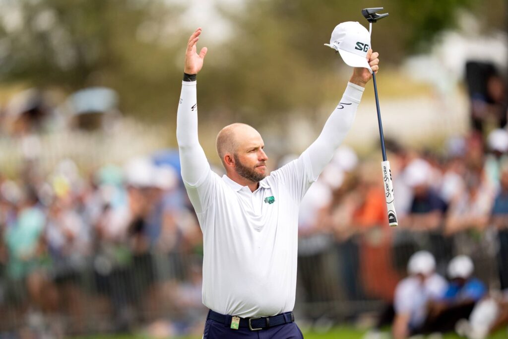 Dean Burmester of Southern Guards GC reacts after his final putt on the 18th green during the third round of LIV Golf South Africa.
