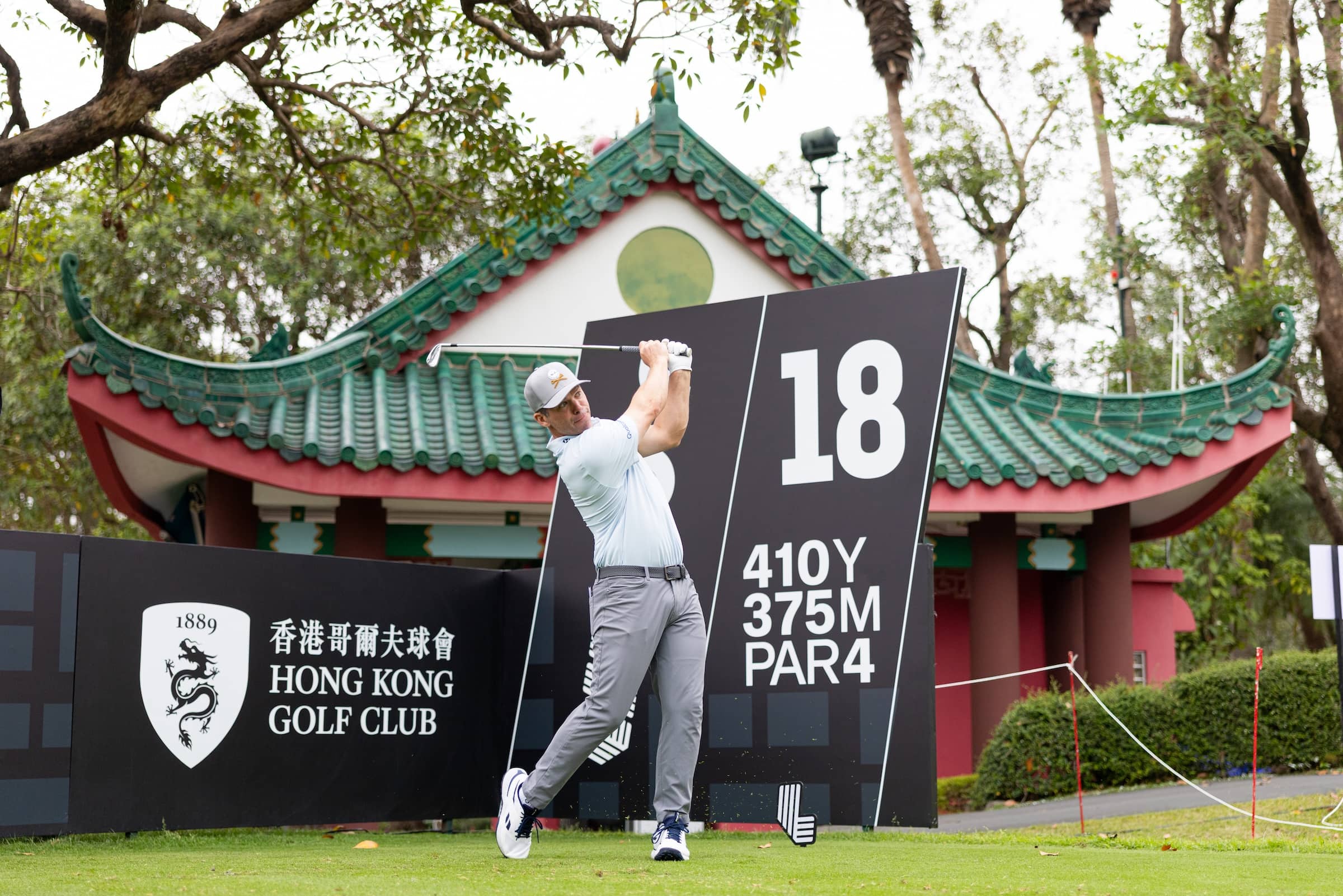 Paul Casey of Crushers GC hits his shot from the 18th tee during the practice round before the start of the LIV Golf Hong Kong at Hong Kong Golf Club Fanling