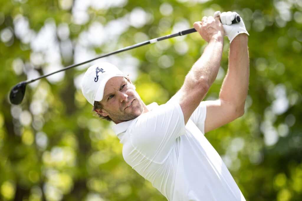 Thomas Detry of 4Aces GC hits his shot from the 16th tee during the second round of Aramco LIV Golf Singapore 