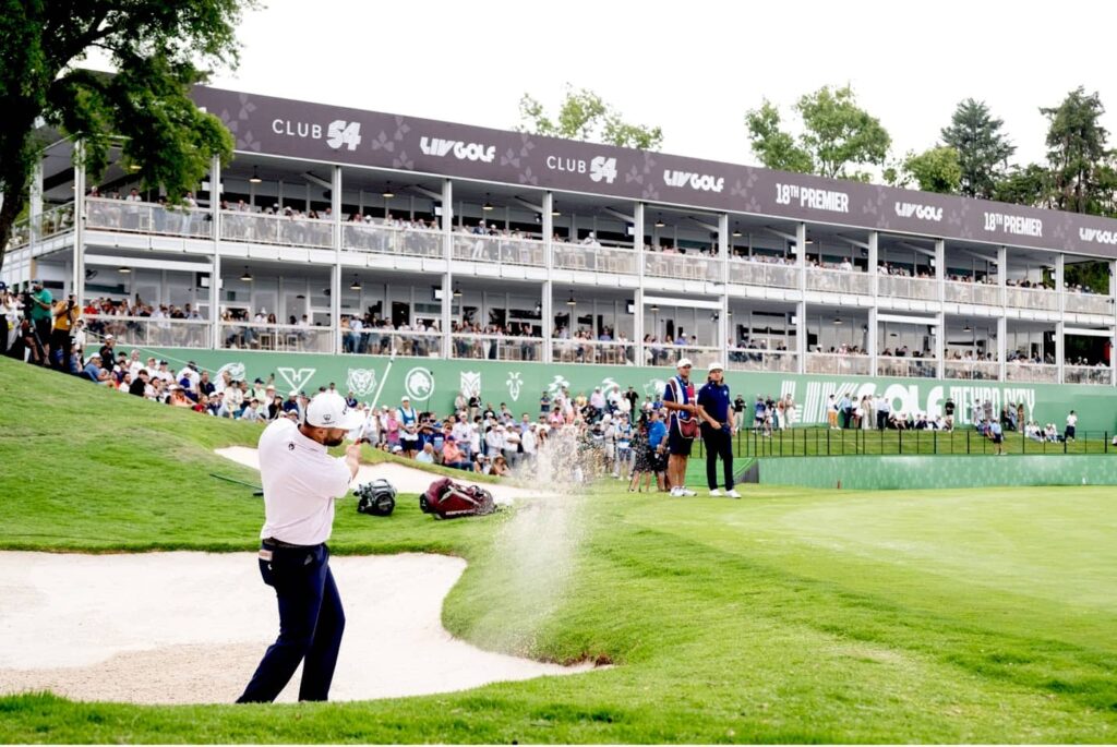 Captain Jon Rahm of Legion XIII hits his shot from a bunker on the 18th hole during the first round of LIV Golf Mexico City at Club de Golf Chapultepec