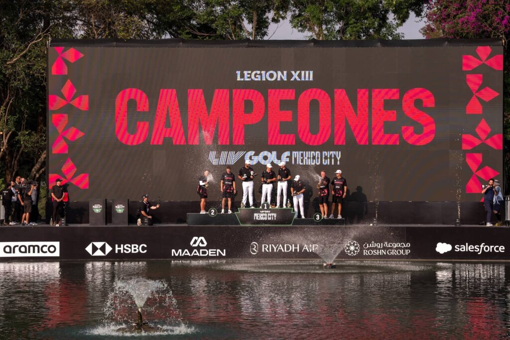 First place individual champion, Captain Jon Rahm of Legion XIII and First place team champions Tom McKibbin, Caleb Surratt and Tyrrell Hatton of Legion XIII celebrates during the trophy ceremony after the final round of LIV Golf Mexico City at Club de Golf Chapultepec