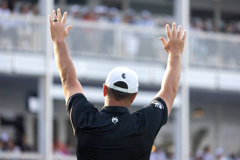 First place individual champion, Captain Jon Rahm of Legion XIII celebrates on the 18th green after the final round of LIV Golf Mexico City at Club de Golf Chapultepec