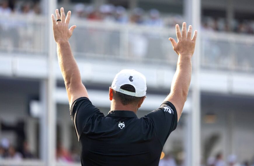 First place individual champion, Captain Jon Rahm of Legion XIII celebrates on the 18th green after the final round of LIV Golf Mexico City at Club de Golf Chapultepec