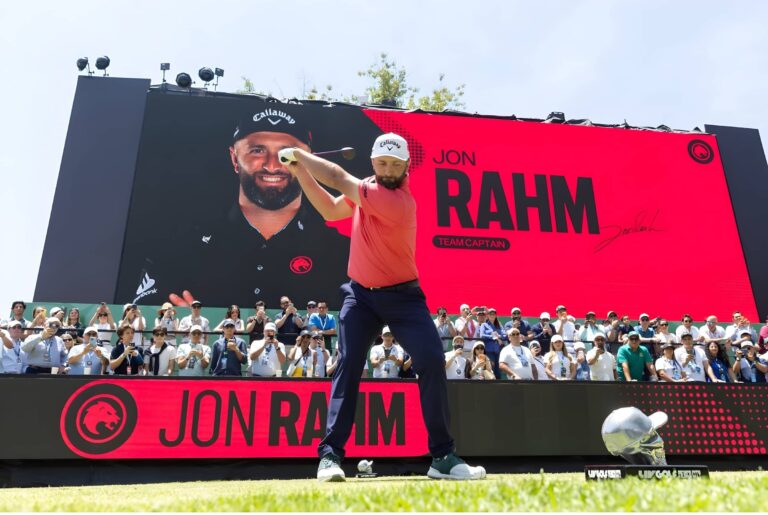 Captain Jon Rahm of Legion XIII hits his shot from the first tee during the third round of LIV Golf Mexico City at Club de Golf Chapultepec