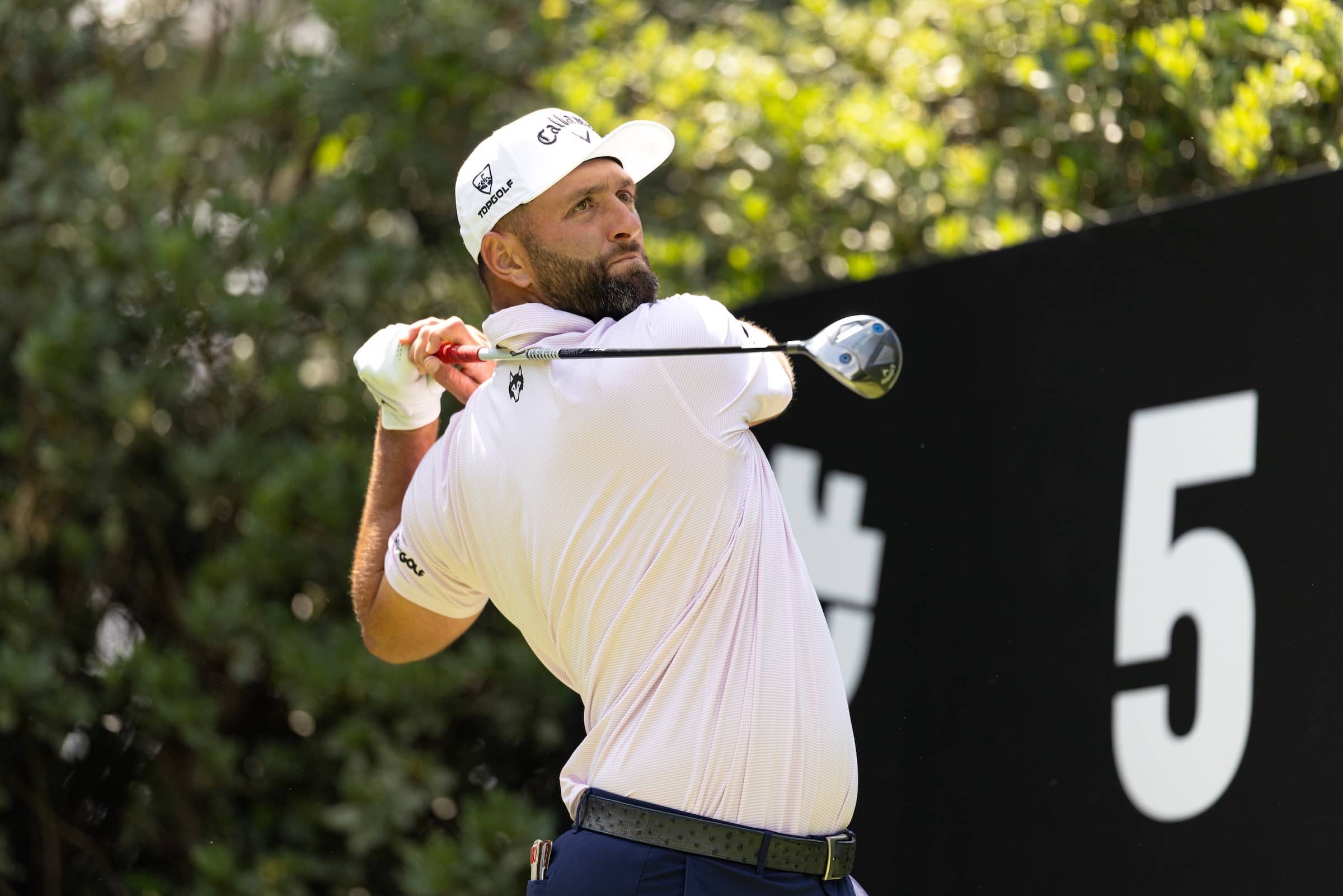 Captain Jon Rahm of Legion XIII hits his shot from the fifth tee during the first round of LIV Golf Mexico City at Club de Golf Chapultepec