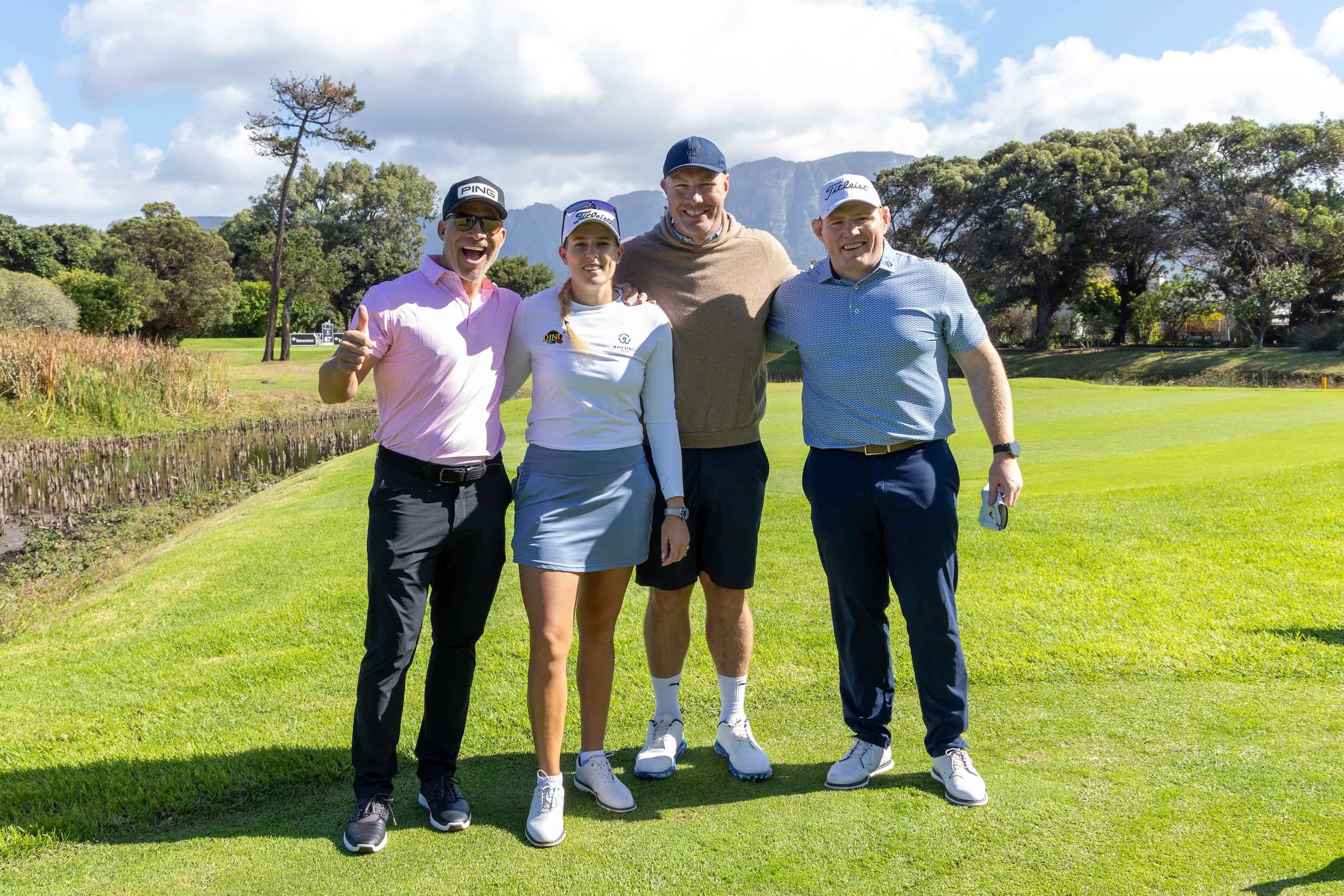 (From Left to Right): Schalk Brits, Casandra Alexander, Schalk Burger and Steven Kitshoff at the Investec South African Women’s Open pro-am at Royal Cape Golf Club