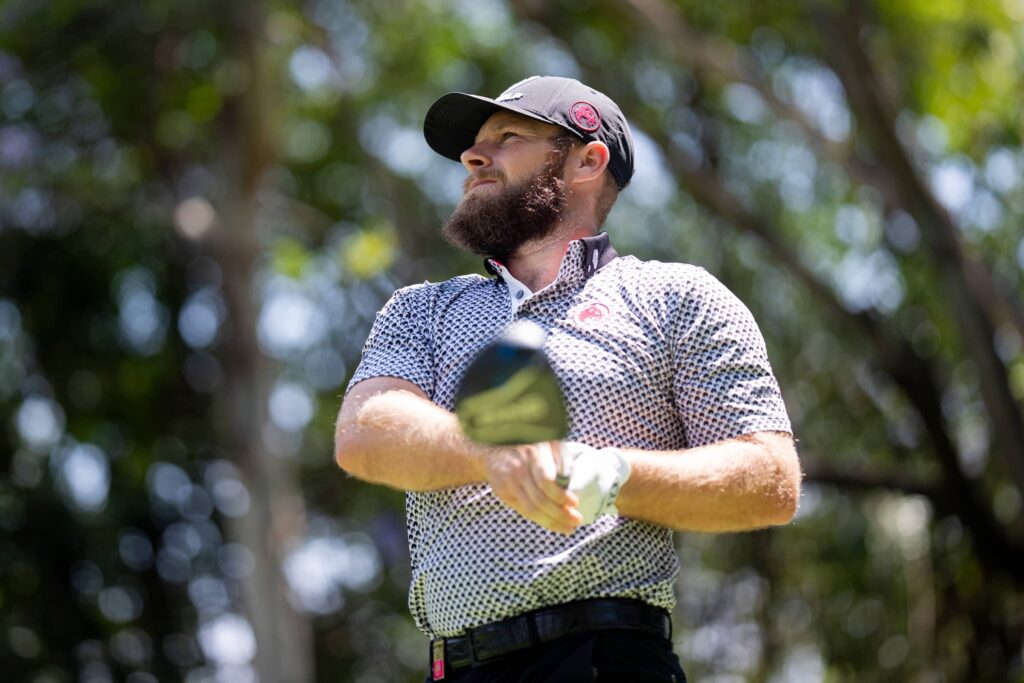 Tyrrell Hatton of Legion XIII hits his shot from the 13th tee during the second round of LIV Golf Mexico City at Club de Golf Chapultepec