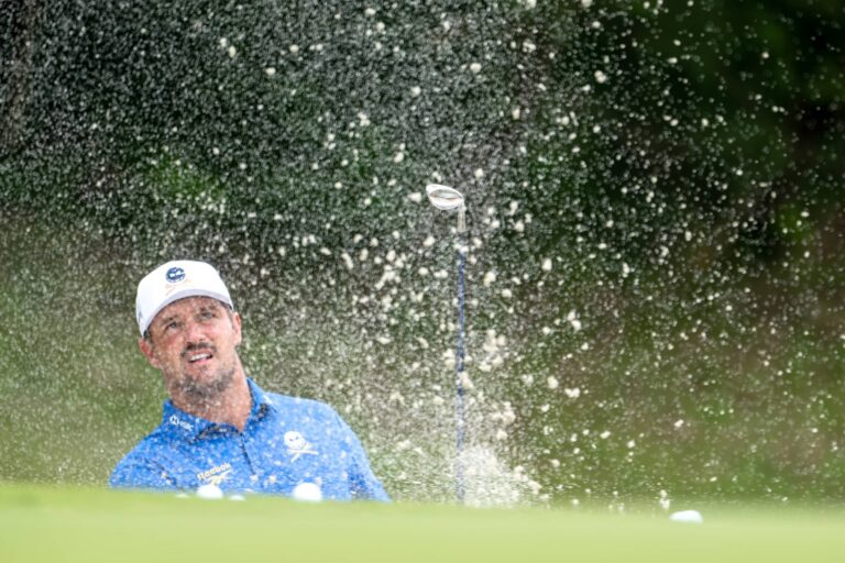 Captain Bryson DeChambeau of Crushers GC hits his shot from the bunker during the first round of LIV Golf Korea at Asiad Country Club on Thursday, May 28, 2026 in Busan, South Korea.