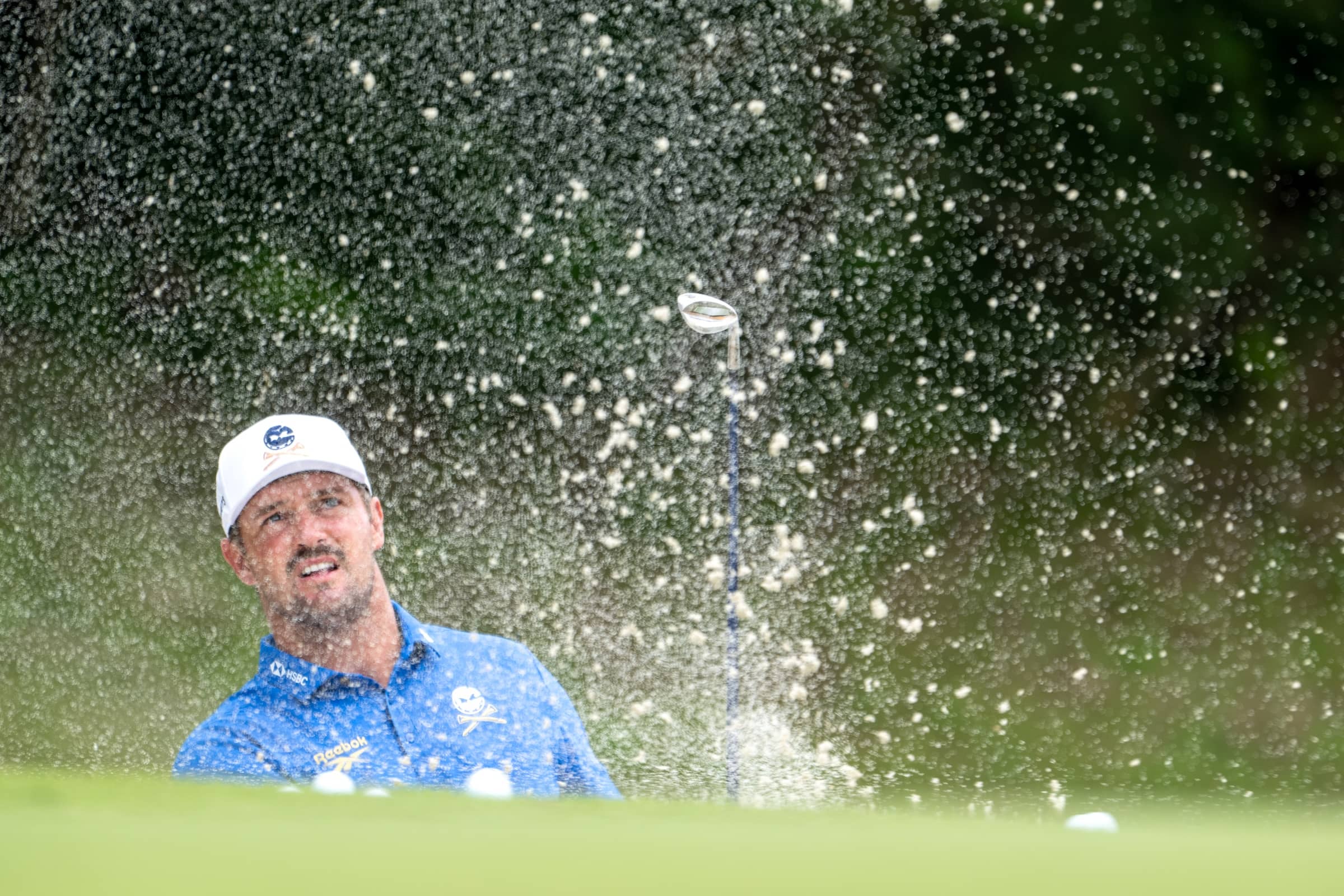Captain Bryson DeChambeau of Crushers GC hits his shot from the bunker during the first round of LIV Golf Korea at Asiad Country Club on Thursday, May 28, 2026 in Busan, South Korea.