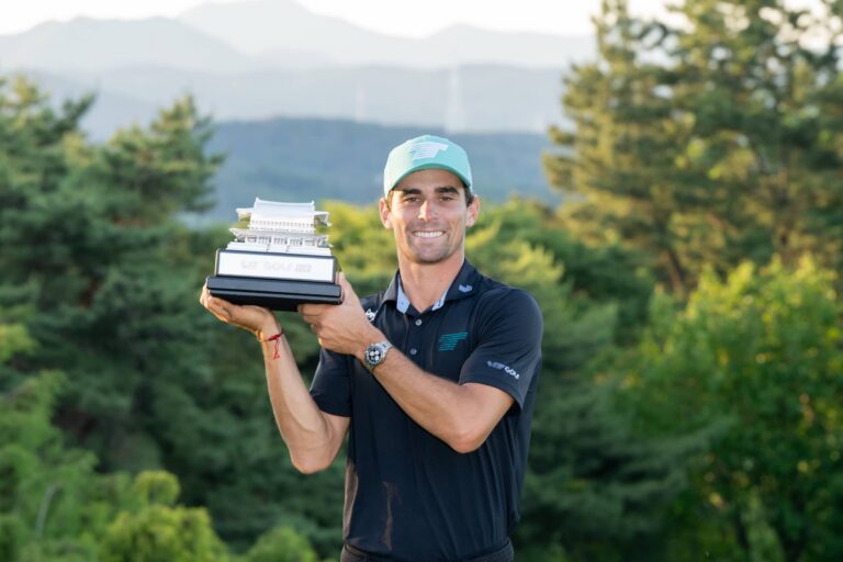 Individual Champion, Captain Joaquín Niemann of Torque GC poses for a photo with the trophy after the final round of LIV Golf Korea