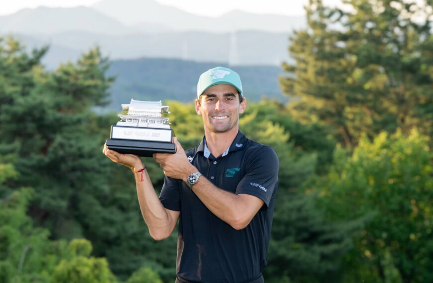 Individual Champion, Captain Joaquín Niemann of Torque GC poses for a photo with the trophy after the final round of LIV Golf Korea