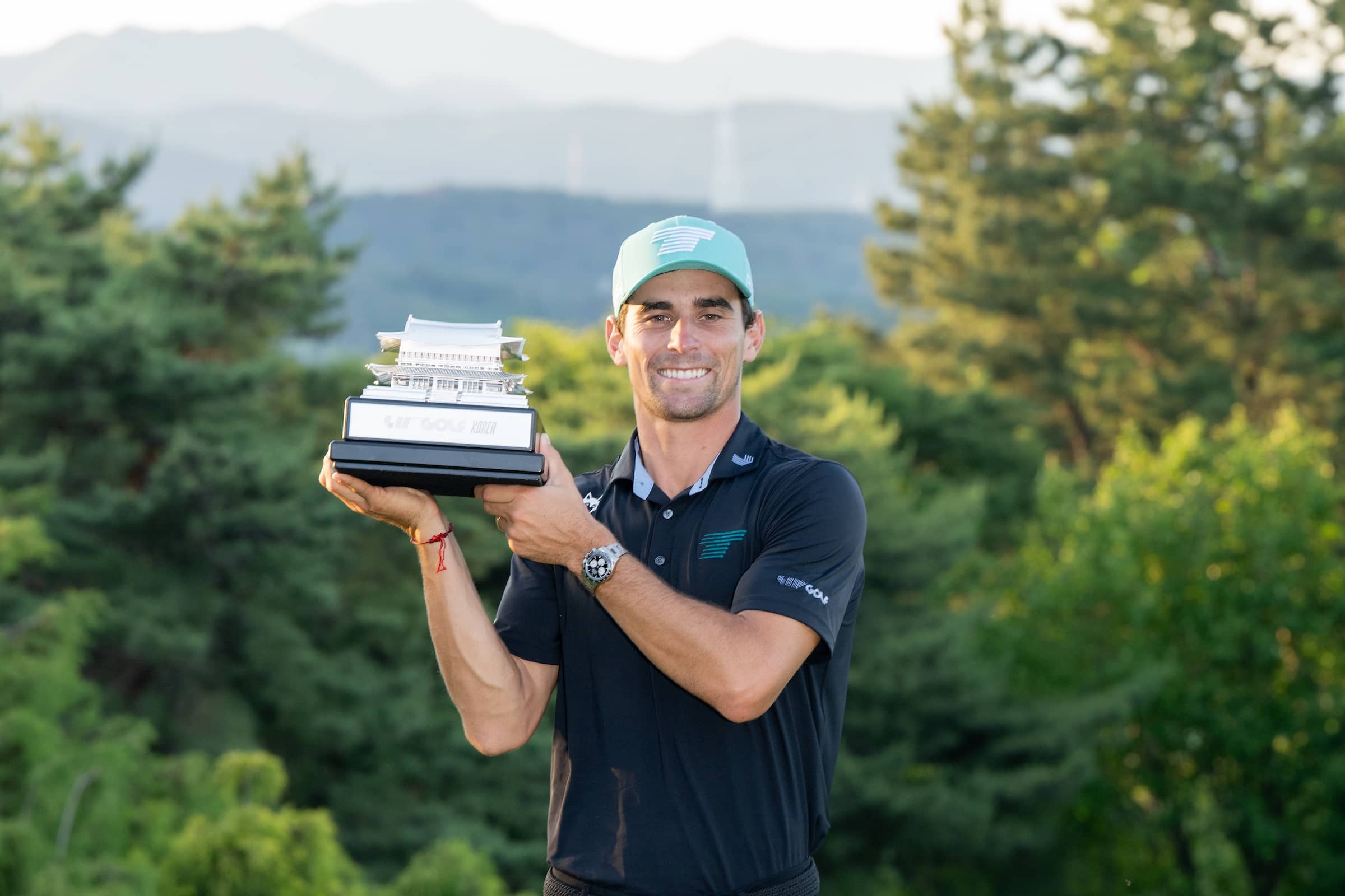Individual Champion, Captain Joaquín Niemann of Torque GC poses for a photo with the trophy after the final round of LIV Golf Korea