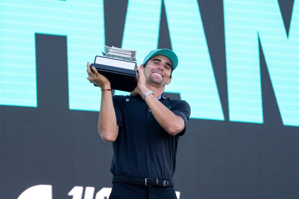 Individual Champion, Captain Joaquín Niemann of Torque GC poses for a photo with the trophy after the final round of LIV Golf Korea