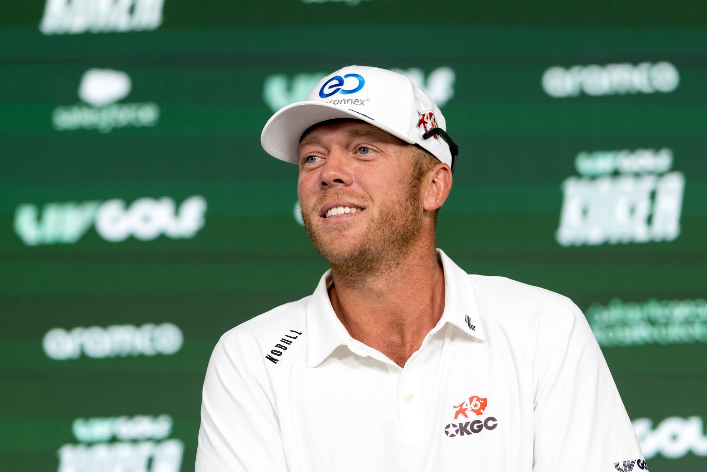 Captain Talor Gooch of OKGC speaks at a press conference after the second round of LIV Golf Korea at Asiad Country Club