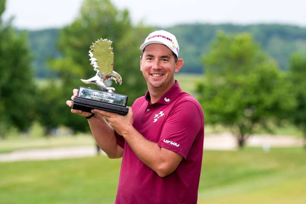 First place individual champion, Lucas Herbert of Ripper GC poses for a portrait after the final round of MAADEN LIV Golf Virginia at Trump National Golf Club
