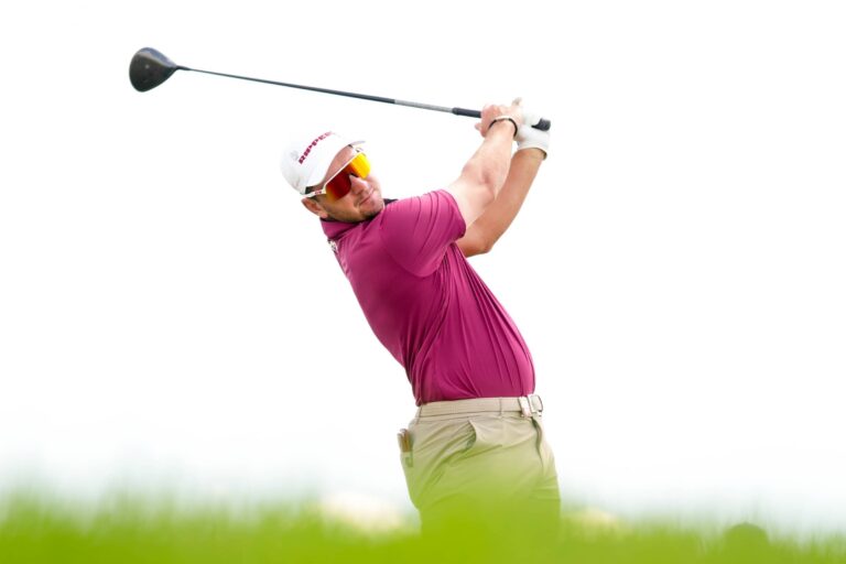 Lucas Herbert of Ripper GC hits his shot from the fourth tee during the second round of MAADEN LIV Golf Virginia at Trump National Golf Club