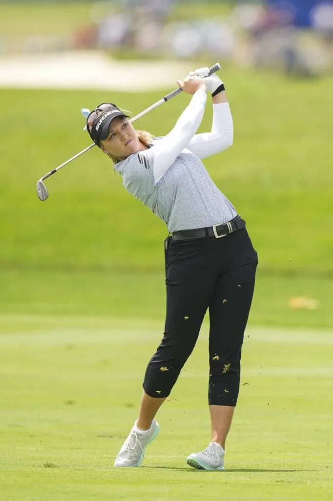 Brooke Henderson hits her shot on the second hole during the final round of the KPMG Women's PGA Championship at Hazeltine National Golf Club  
