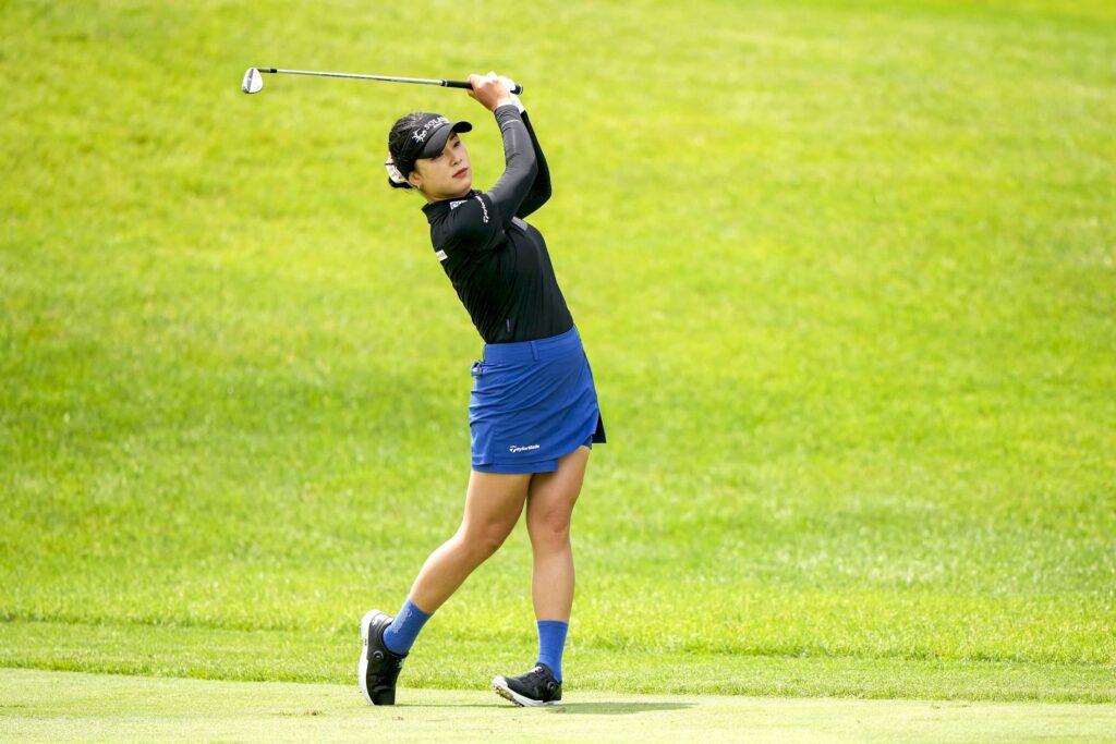 Ina Yoon hits her shot on the second hole during the final round of the KPMG Women's PGA Championship at Hazeltine National Golf Club