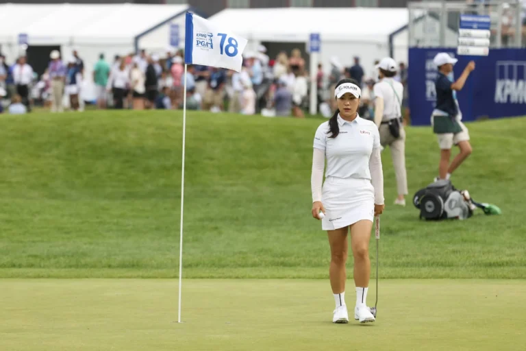 Ina Yoon on the 18th hole green during the second round of the KPMG Women's PGA Championship at Hazeltine National Golf Club
