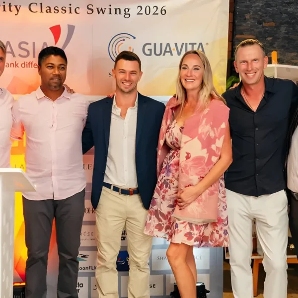 (left to right) Didier Gayat, Golf Director at La Rรฉserve Golf Links, Avinash Choony, Golf Operations Manager at Heritage Golf Club, Darrin Hedley, Golf Director at Le Chรขteau Golf Course, Laura Siem, Marcel Siem, and Michael Geerdharry, Golf & Sales Manager at Heritage Resorts & Golf.
