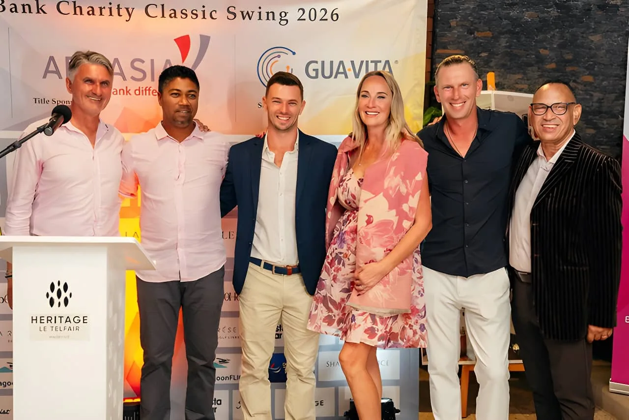 (left to right) Didier Gayat, Golf Director at La Réserve Golf Links, Avinash Choony, Golf Operations Manager at Heritage Golf Club, Darrin Hedley, Golf Director at Le Château Golf Course, Laura Siem, Marcel Siem, and Michael Geerdharry, Golf & Sales Manager at Heritage Resorts & Golf.
