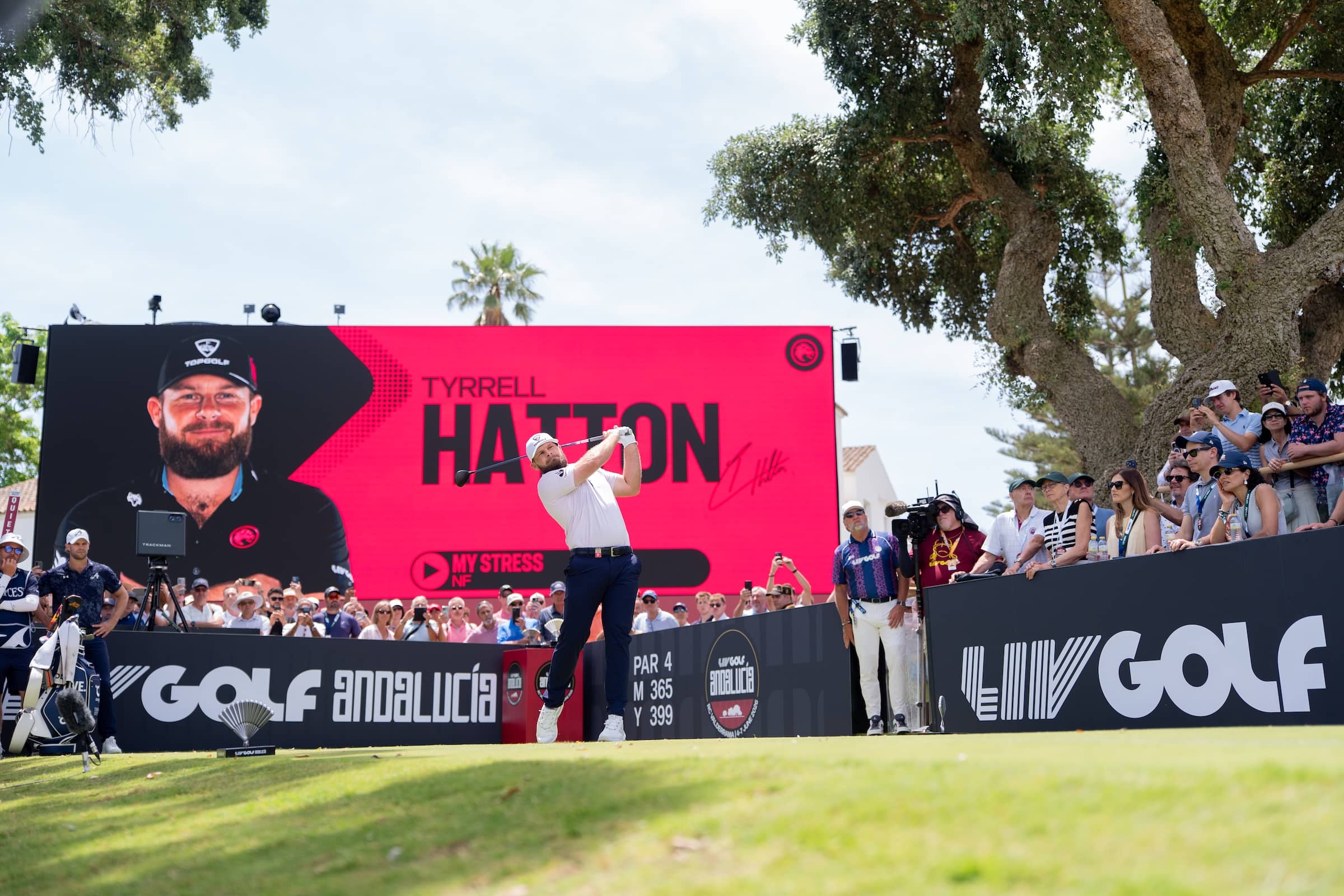 Tyrrell Hatton of Legion XIII hits his shot from the first tee during the third round of LIV Golf Andalucía at Real Club Valderrama