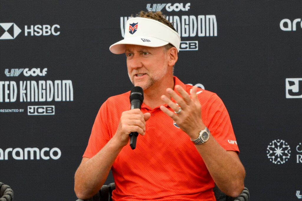 Co-Captain Ian Poulter of Majesticks Golf Club speaks at a press conference