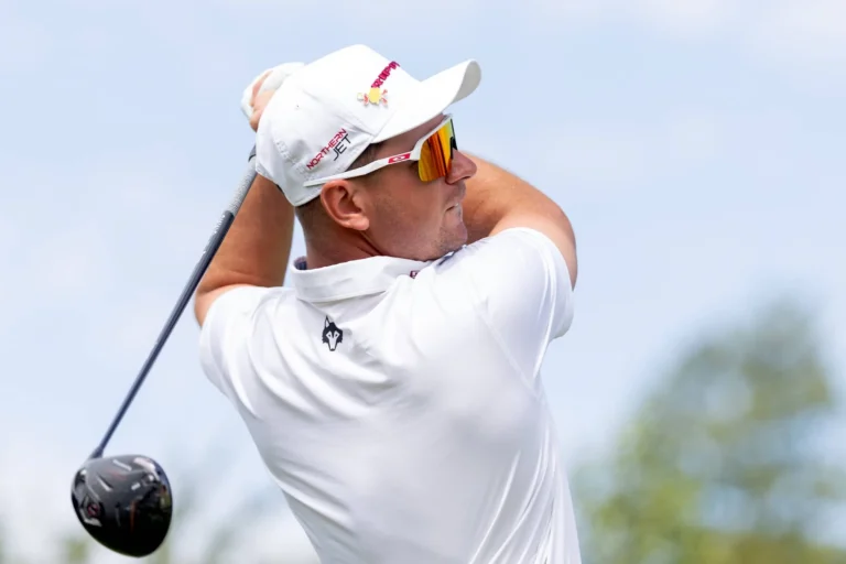 Lucas Herbert of Ripper GC hits his shot from the second tee during the third round of LIV Golf United Kingdom presented by JCB at JCB Golf & Country Club