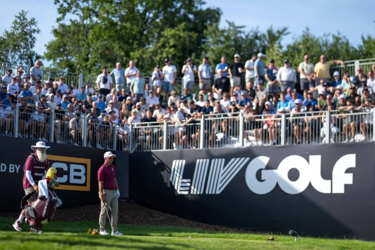 Lucas Herbert of Ripper GC hits his shot from the first tee during the second round of LIV Golf United Kingdom presented by JCB at JCB Golf & Country Club