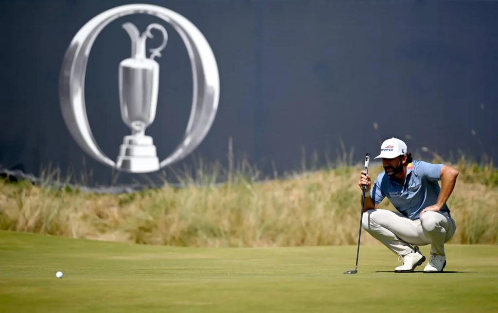 Cameron Young of the United States lines up a putt on the 18th green during Day Four of the The 154th Open Championship at Royal Birkdale