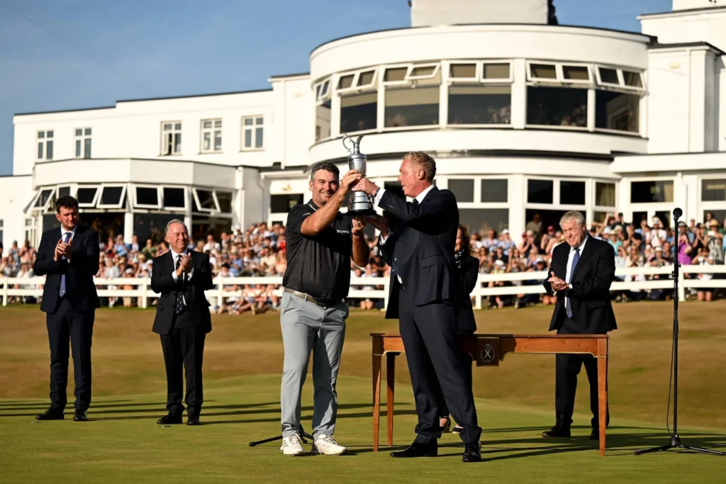 Ryan Fox of New Zealand is presented with the Claret Jug following victory during Day Four of the The 154th Open Championship at Royal Birkdale