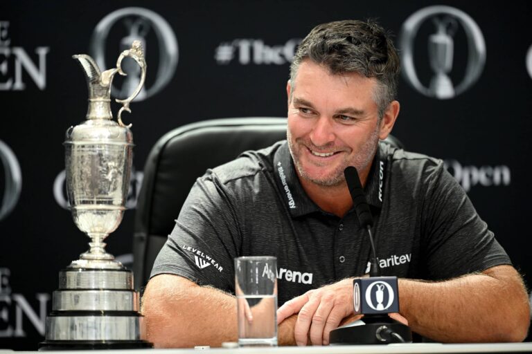 Ryan Fox of New Zealand with the Claret Jug speaks to the media during a press conference following victory during Day Four of the The 154th Open Championship at Royal Birkdale
