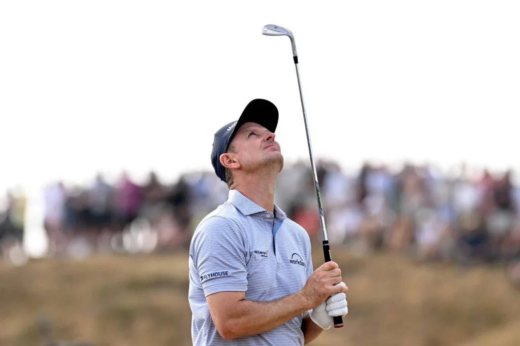 Justin Rose of England reacts following a shot on the eighth hole during Day Two of The 154th Open Championship at Royal Birkdale