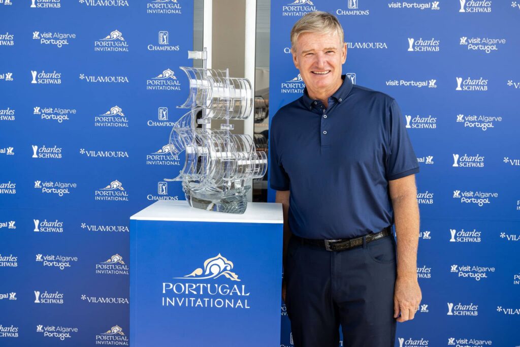 World Golf Hall of Fame member Ernie Els pictured with the Portugal Invitational trophy at The Els Club Vilamoura.