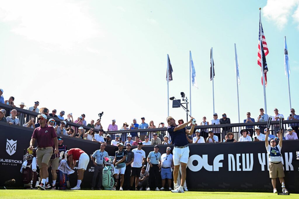 Captain Joaquín Niemann of Torque GC hits his shot from the first tee during the second round of LIV Golf Bedminster