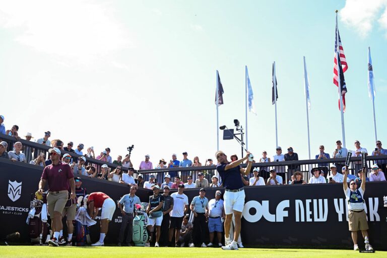 Captain Joaquín Niemann of Torque GC hits his shot from the first tee during the second round of LIV Golf Bedminster