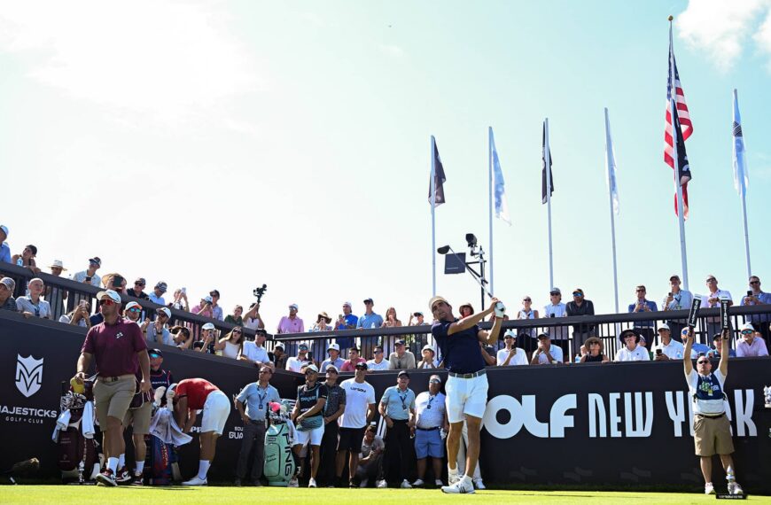 Captain Joaquín Niemann of Torque GC hits his shot from the first tee during the second round of LIV Golf Bedminster
