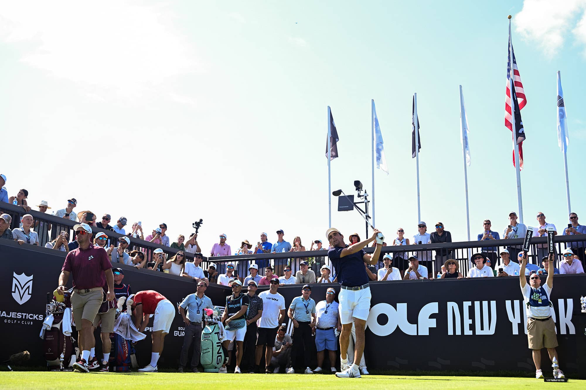 Captain Joaquín Niemann of Torque GC hits his shot from the first tee during the second round of LIV Golf Bedminster