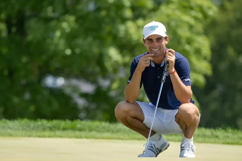 aptain Joaquín Niemann of Torque GC smiles on the 10th green during the second round of LIV Golf Bedminster at Trump National Golf Club
