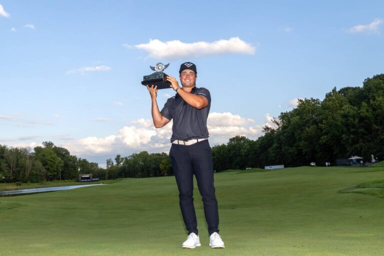 First place individual champion Michael La Sasso of Hyflyers GC poses for a photo following the final round of LIV Golf Indianapolis