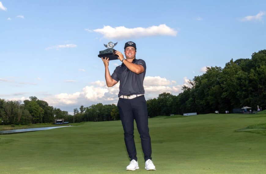 First place individual champion Michael La Sasso of Hyflyers GC poses for a photo following the final round of LIV Golf Indianapolis