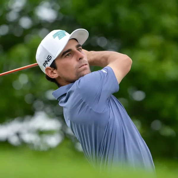 Captain Joaquín Niemann of Torque GC hits his shot from the 11th tee during the third round of LIV Golf Bedminster at Trump National Golf Club