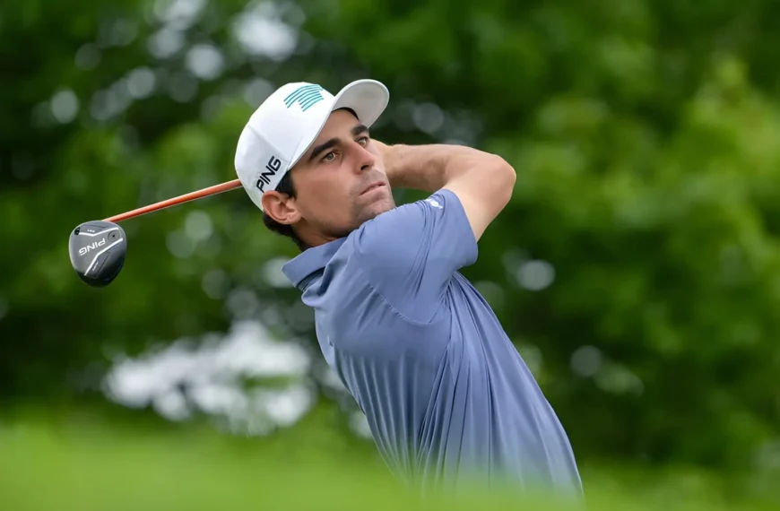 Captain Joaquín Niemann of Torque GC hits his shot from the 11th tee during the third round of LIV Golf Bedminster at Trump National Golf Club