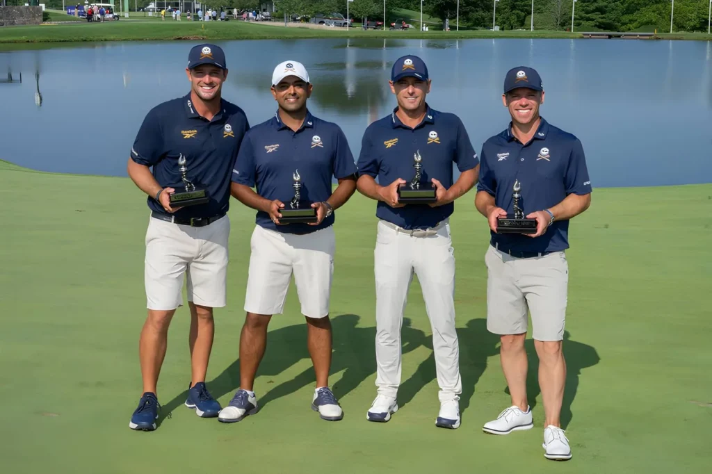 First place Team Champions, Captain Bryson DeChambeau, Anirban Lahiri, Charles Howell III and Paul Casey of Crushers GC pose for a photo with their trophies after the final round of LIV Golf New York