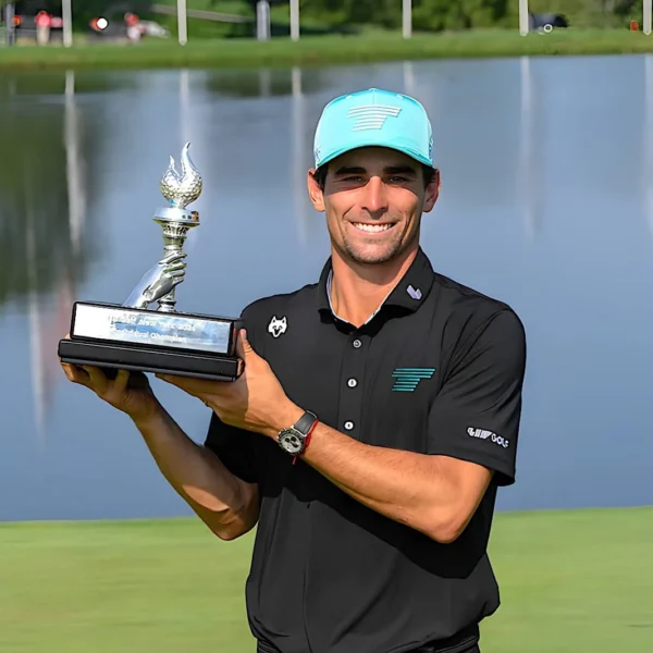 First place Individual Champion, Captain Joaquín Niemann of Torque GC poses for a photo with the trophy after the final round of LIV Golf New York
