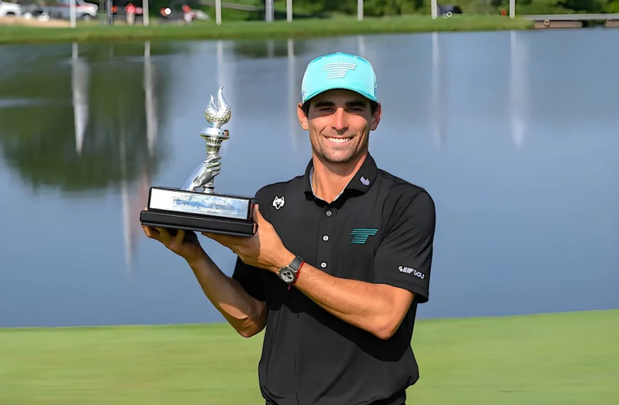 First place Individual Champion, Captain Joaquín Niemann of Torque GC poses for a photo with the trophy after the final round of LIV Golf New York